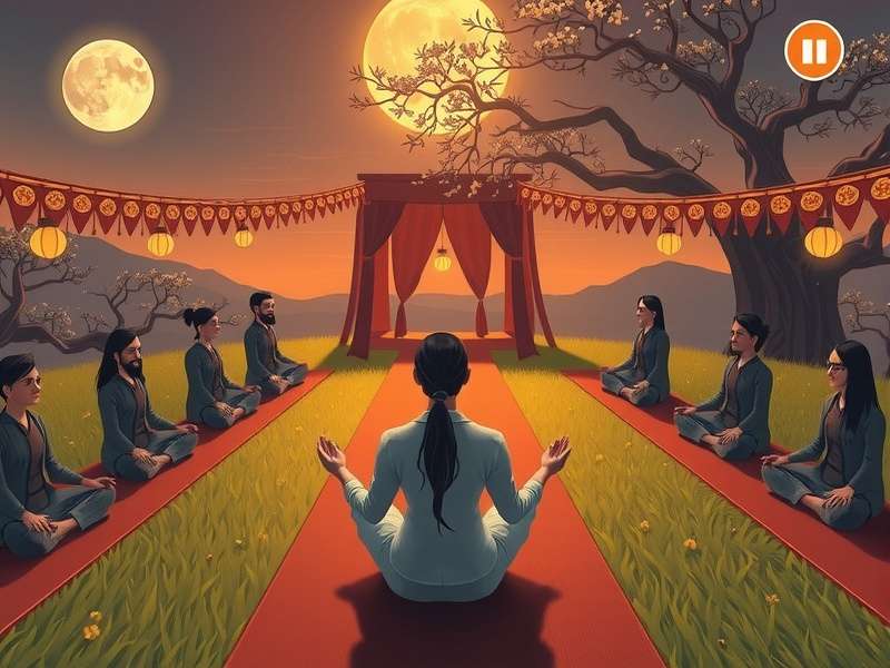 Half Moon Yogi game screenshot showing a yogi character meditating in a serene environment